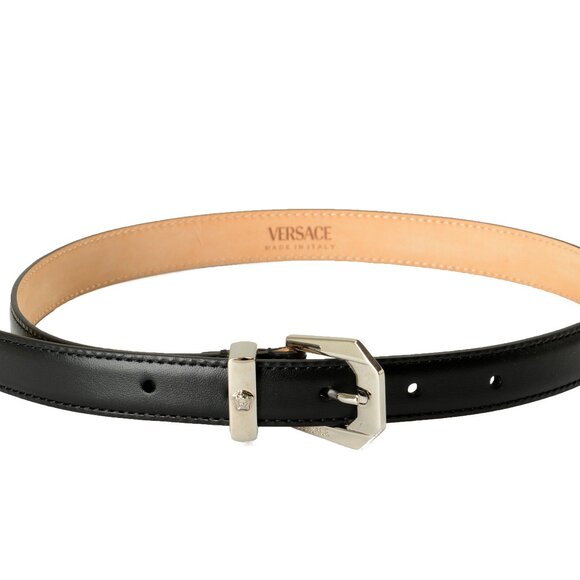 Versace Black 100% Leather Silver Medusa Head Logo Decorated Belt US 24 IT 60 - Picture 2 of 4